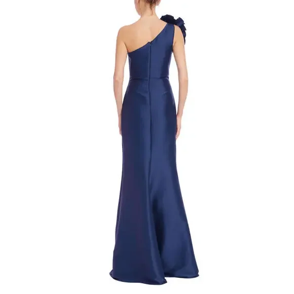 Badgley Mischka Navy One-Shoulder Draped Bodice Trumpet Gown $880 Mikado sz 4